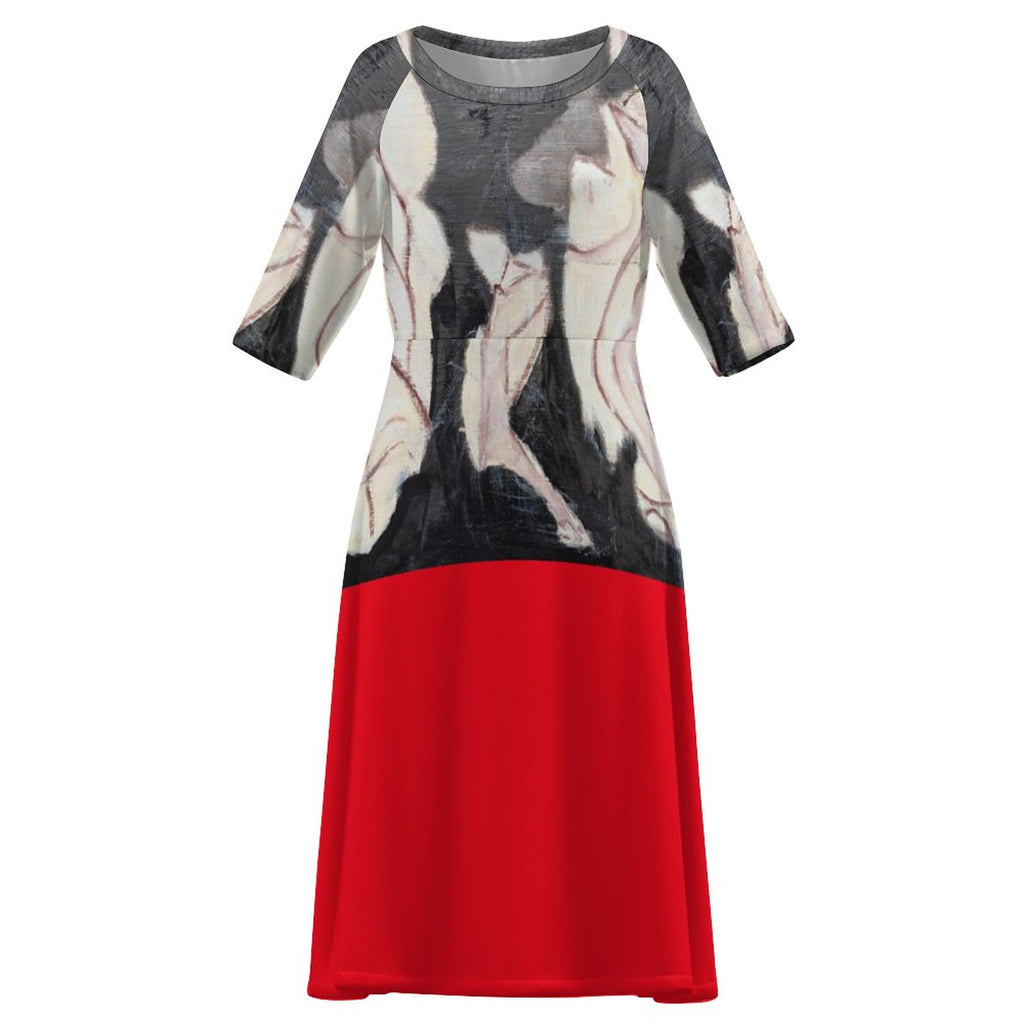 Round Neck 3/4 Sleeve Long Dress(All-Over Printing)