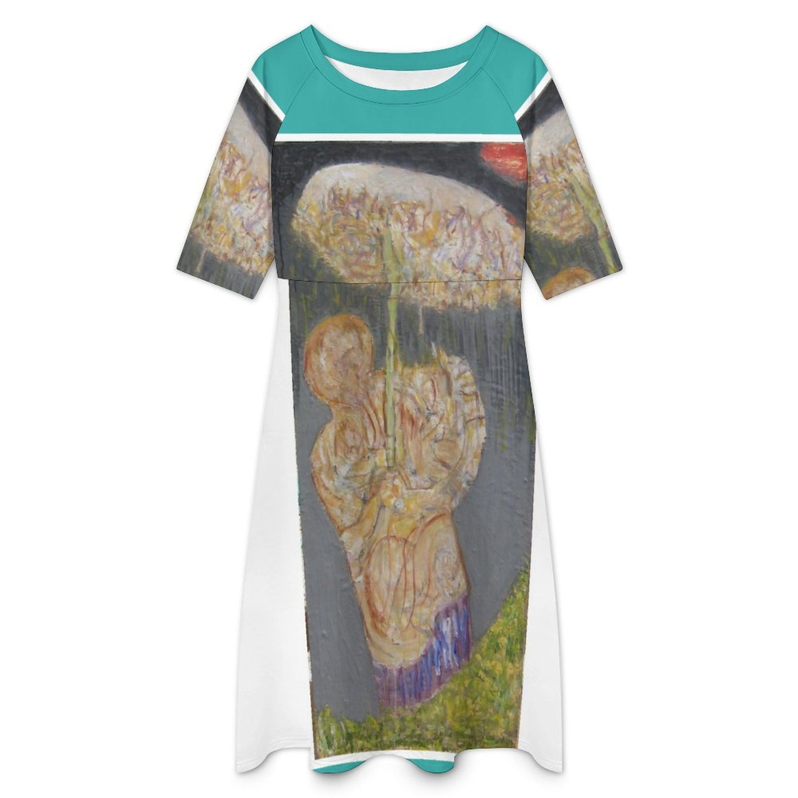 Round Neck 3/4 Sleeve Long Dress(All-Over Printing)