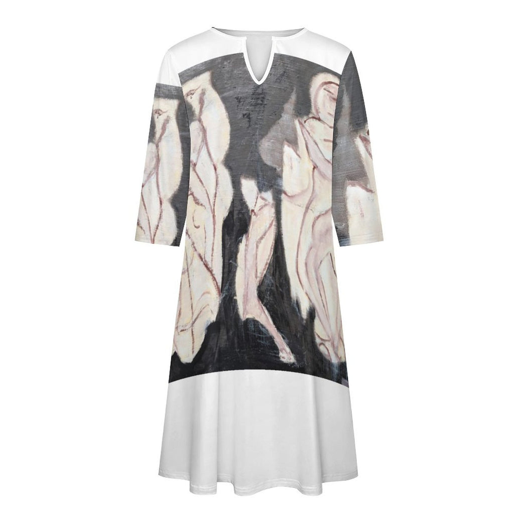 V-neck 3/4 Sleeve Dress with Pockets (All-Over Printing)