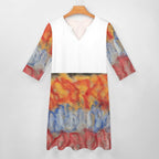 V-neck 3/4 Sleeve Dress with Pockets (All-Over Printing)
