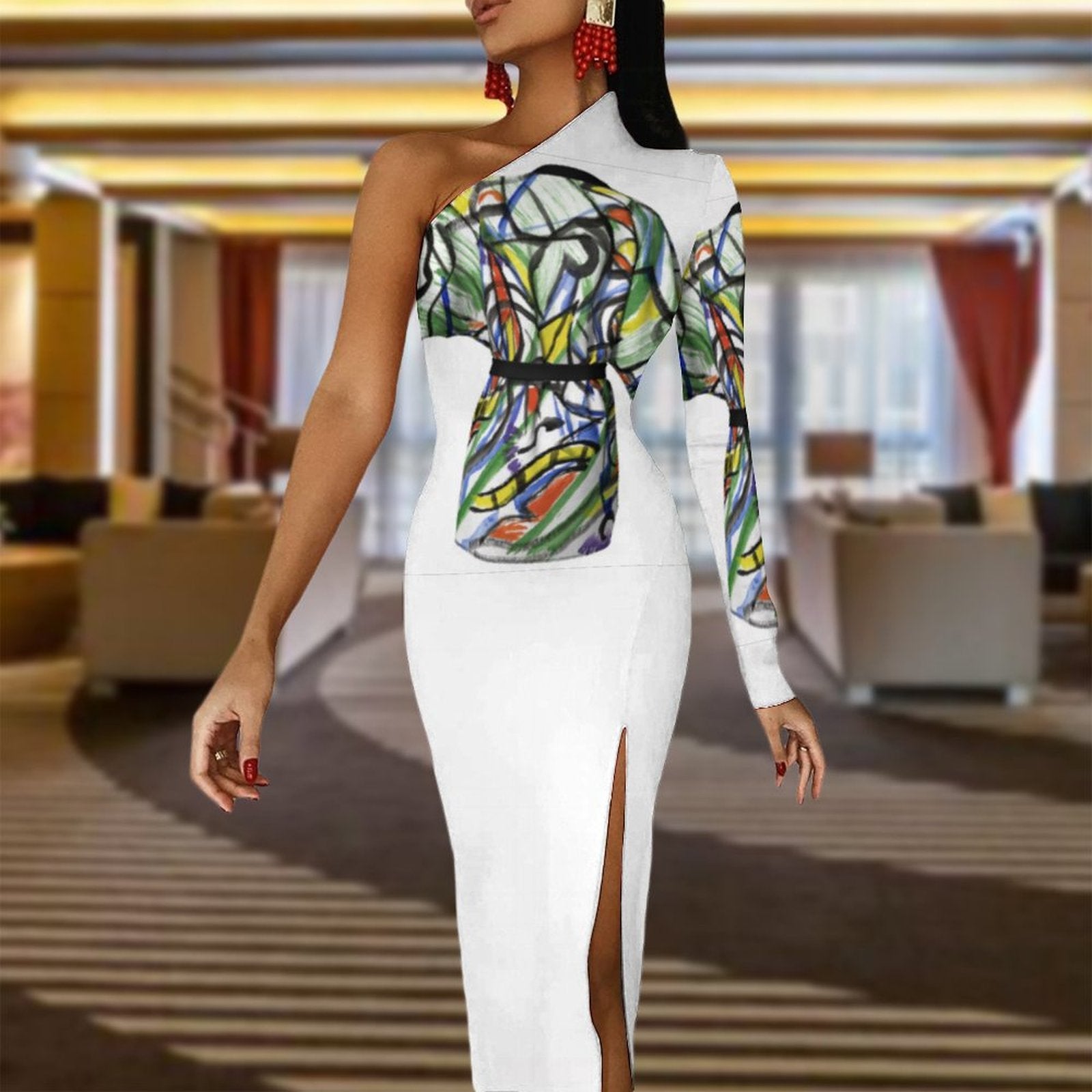 One Shoulder Split Dress(All-Over Printing)