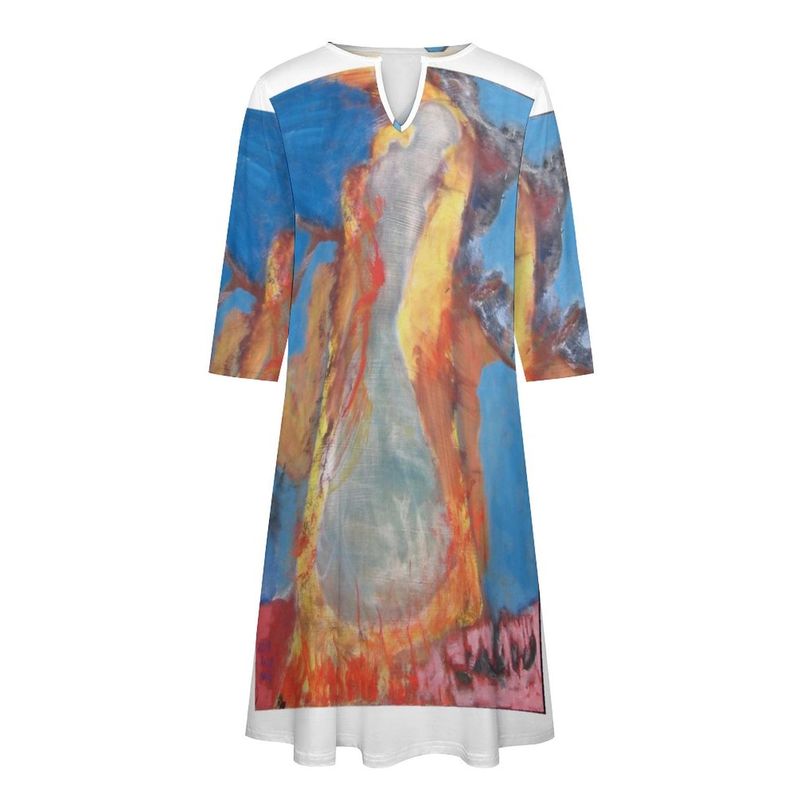 V-neck 3/4 Sleeve Dress with Pockets (All-Over Printing)