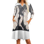 V-neck 3/4 Sleeve Dress with Pockets (All-Over Printing)