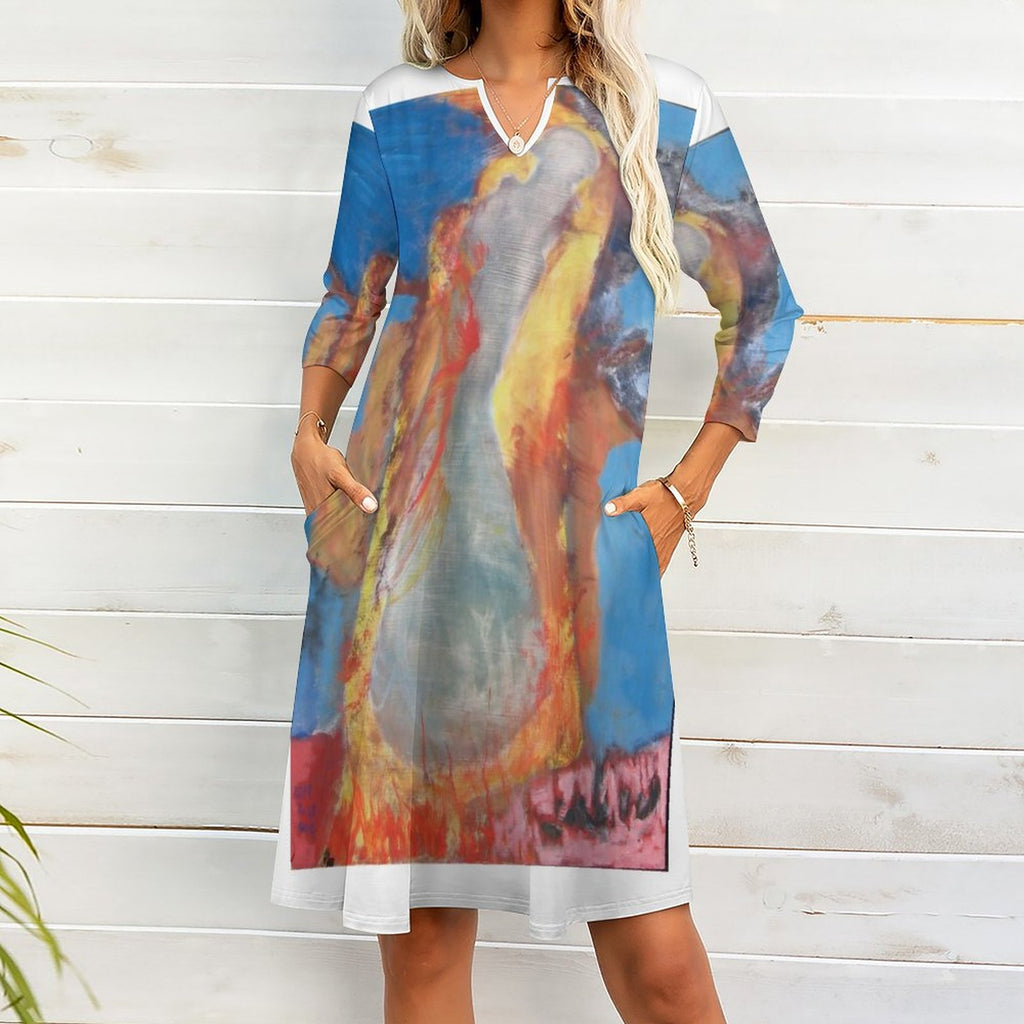 V-neck 3/4 Sleeve Dress with Pockets (All-Over Printing)