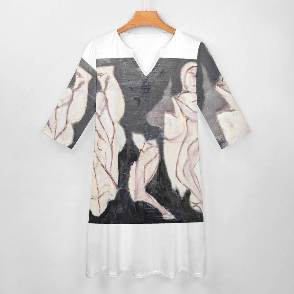 V-neck 3/4 Sleeve Dress with Pockets (All-Over Printing)