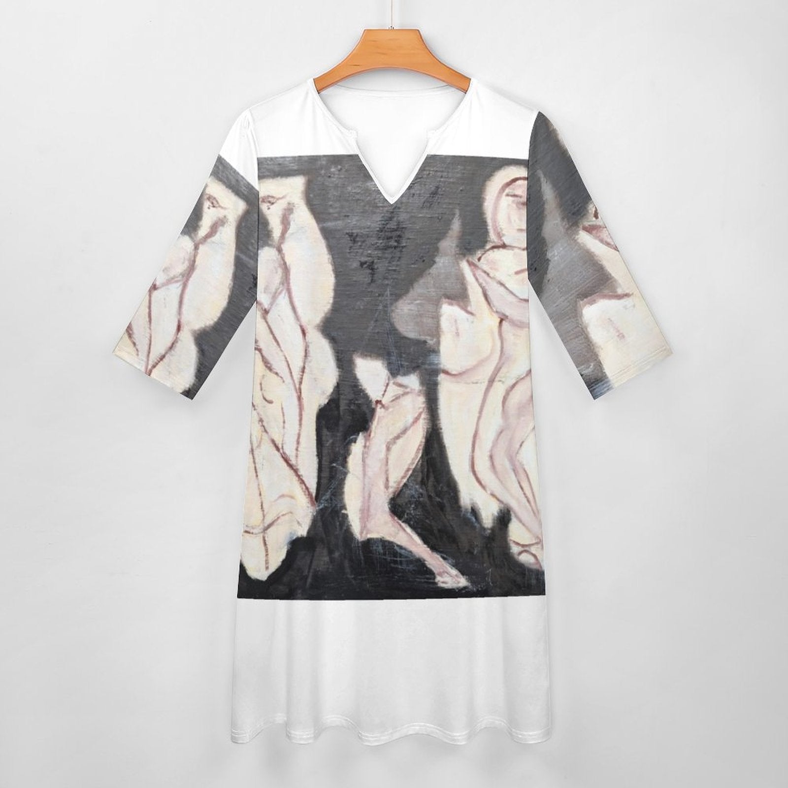 V-neck 3/4 Sleeve Dress with Pockets (All-Over Printing)