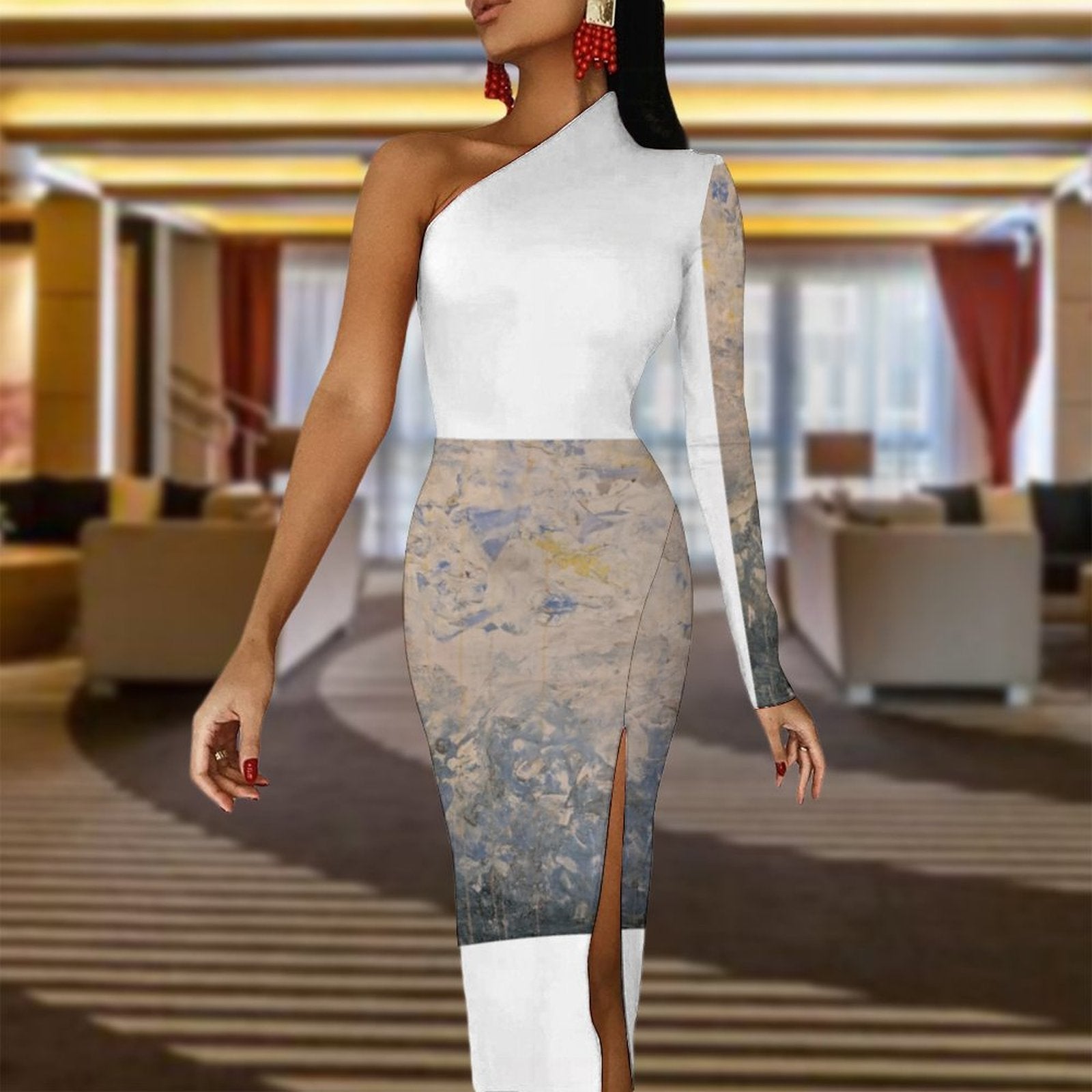 One Shoulder Split Dress(All-Over Printing)