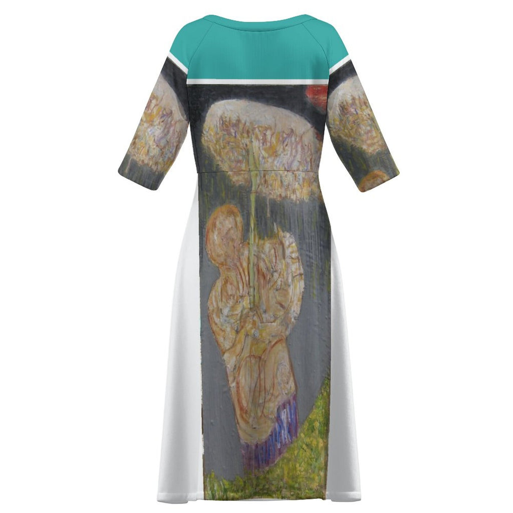 Round Neck 3/4 Sleeve Long Dress(All-Over Printing)