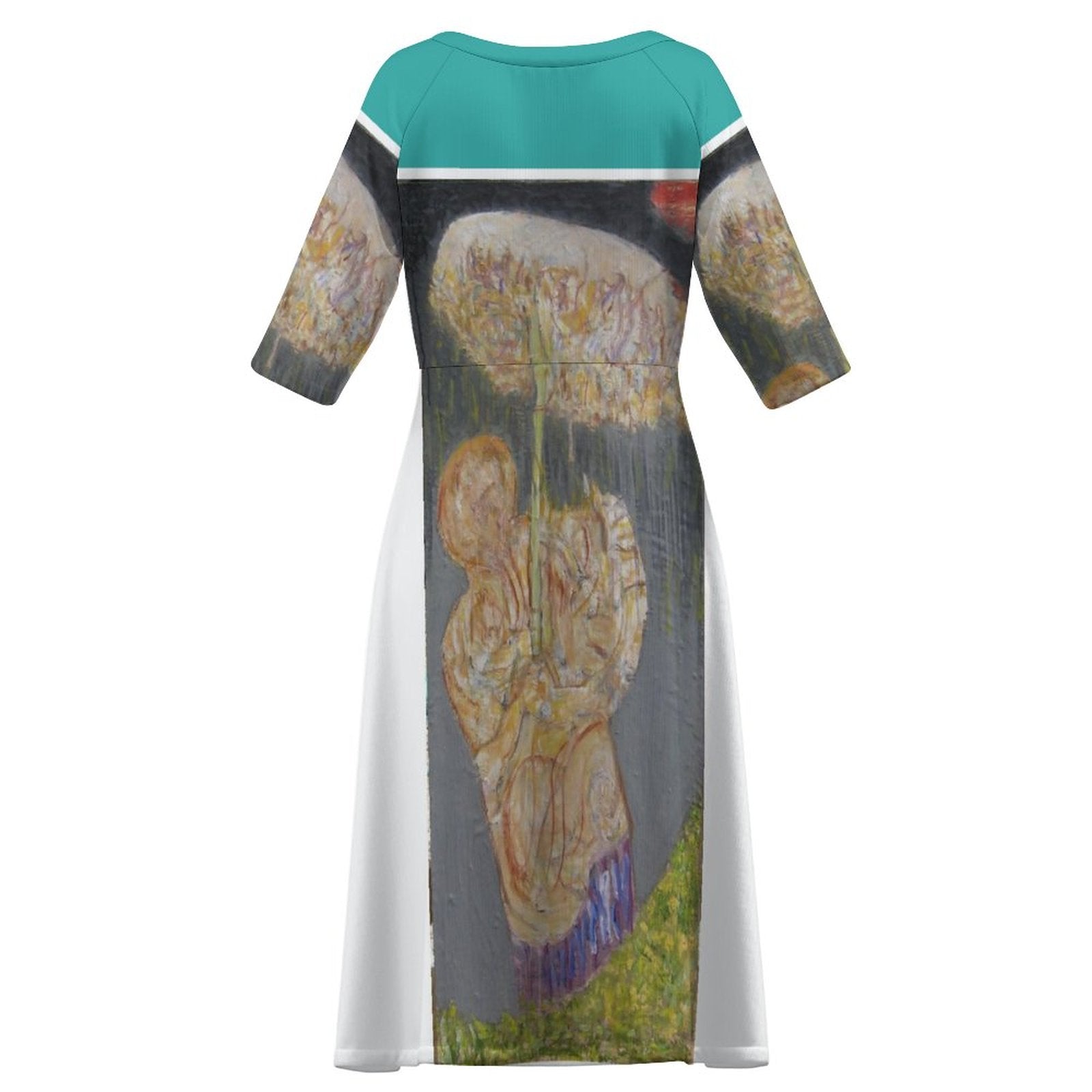 Round Neck 3/4 Sleeve Long Dress(All-Over Printing)
