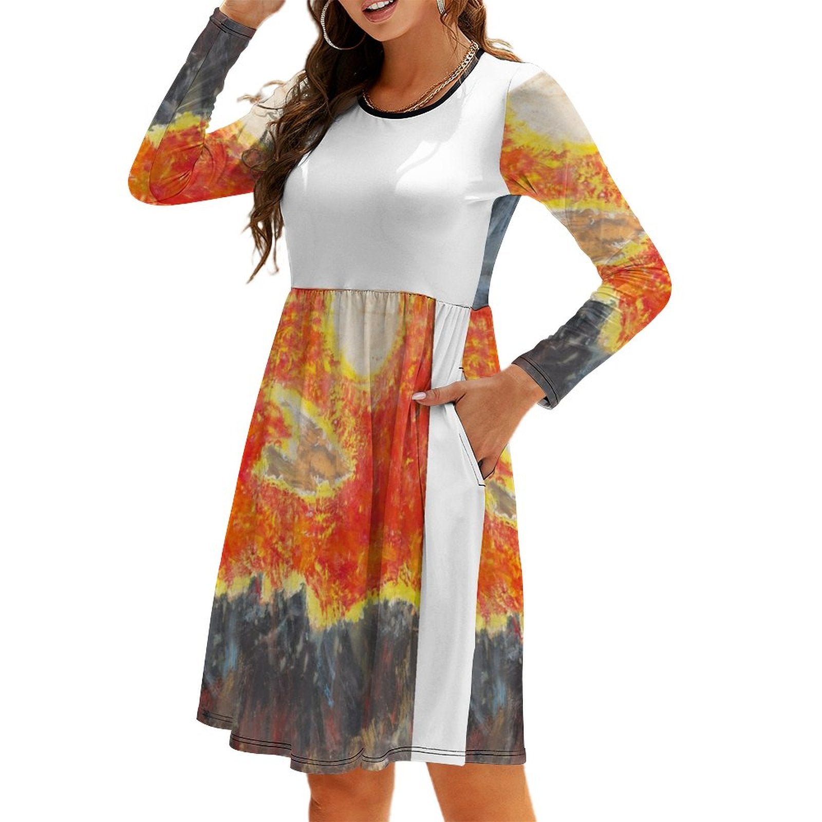 Round Neck Long Sleeve Dress with Pocket(All-Over Printing)