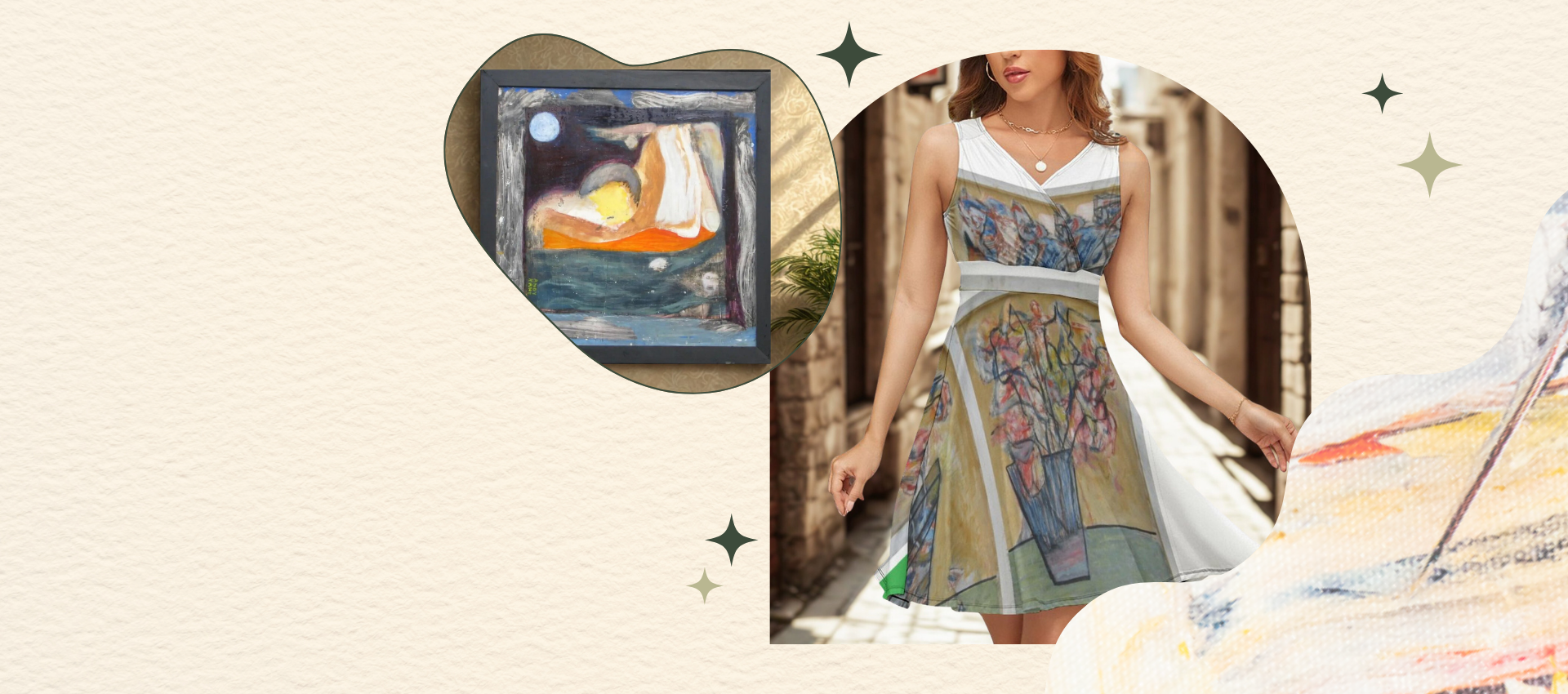 Woman in a patterned dress walking past a painting of a woman in a bathtub.