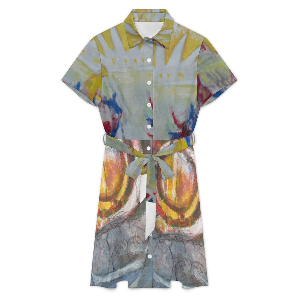 Short Sleeve Collared Shirt Dress(All-Over Printing)