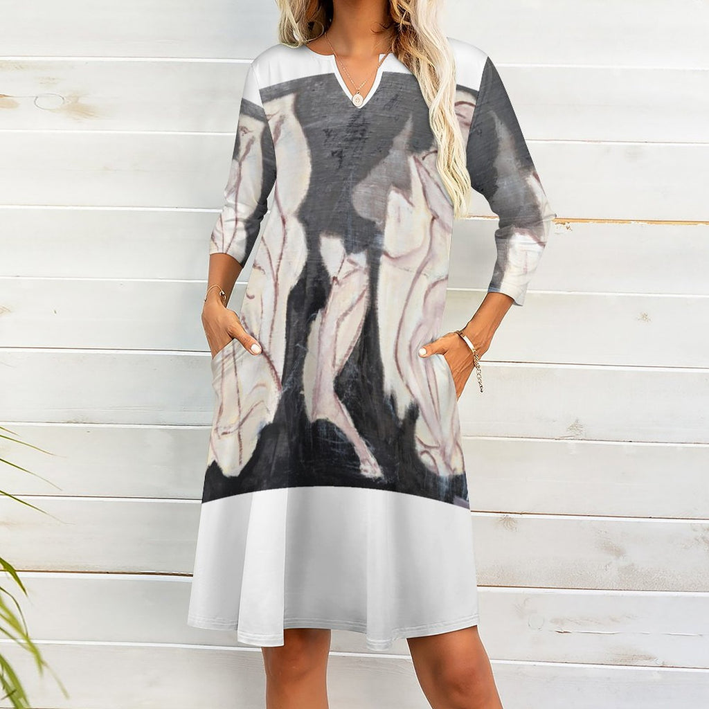 V-neck 3/4 Sleeve Dress with Pockets (All-Over Printing)