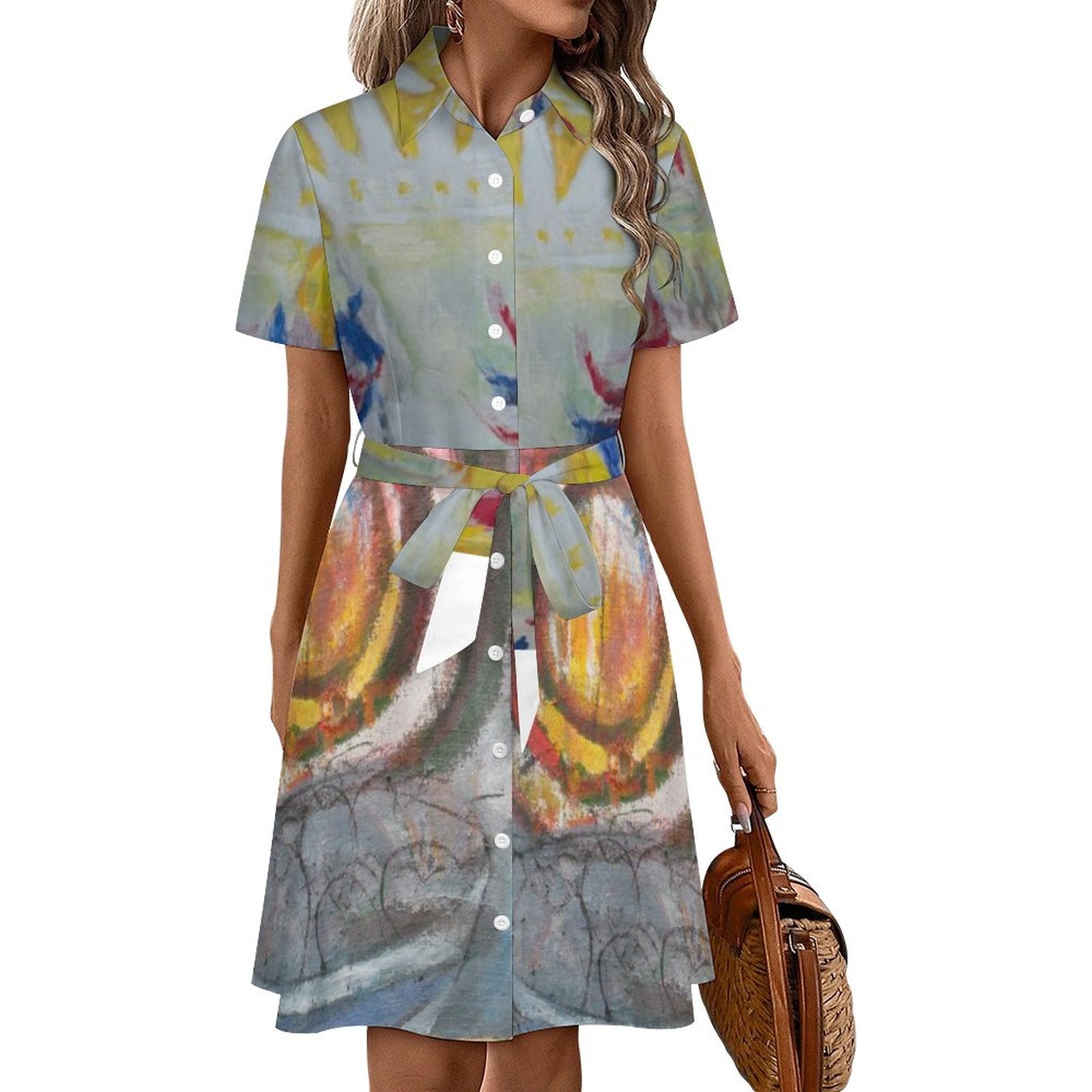 Short Sleeve Collared Shirt Dress(All-Over Printing)
