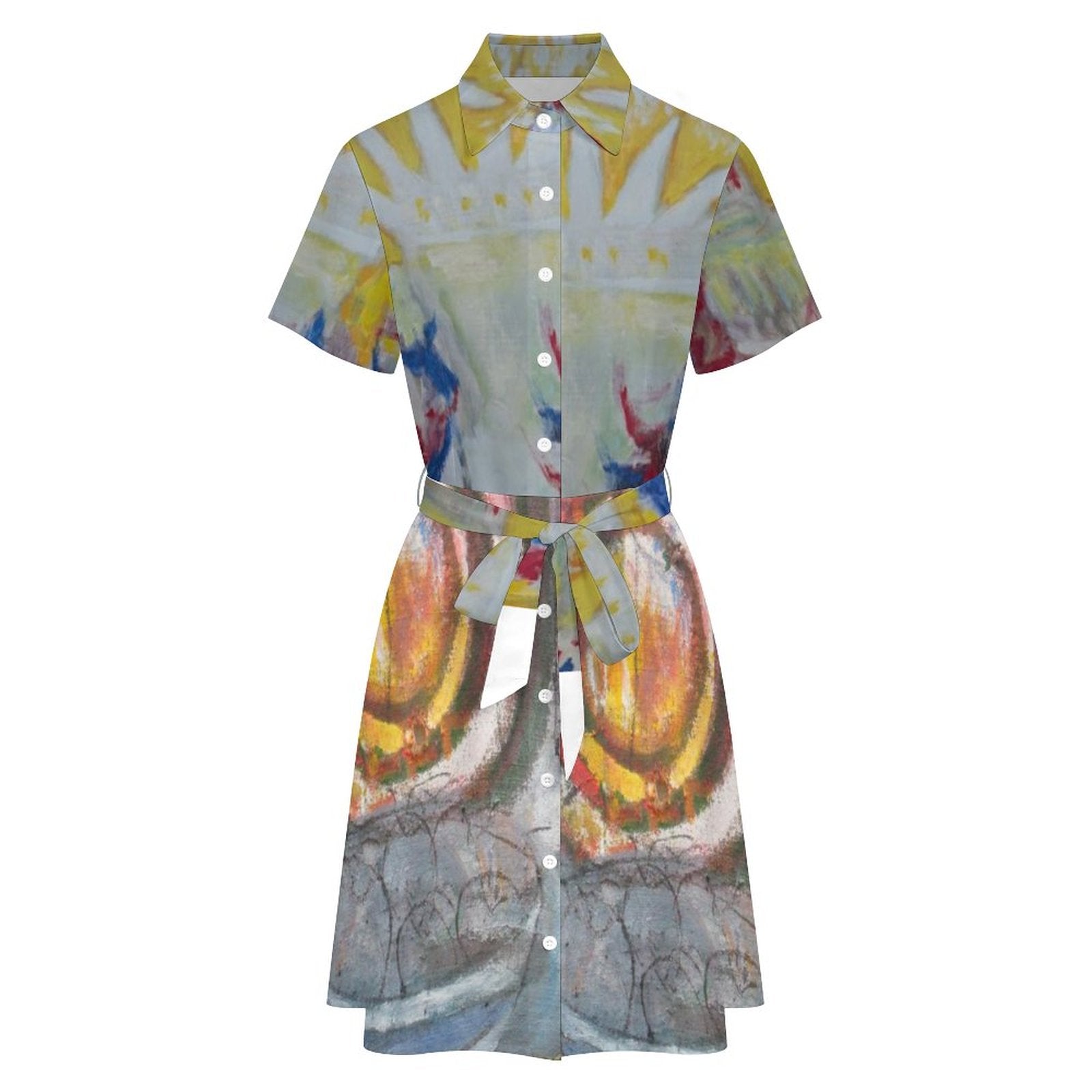 Short Sleeve Collared Shirt Dress(All-Over Printing)