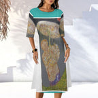 Round Neck 3/4 Sleeve Long Dress(All-Over Printing)