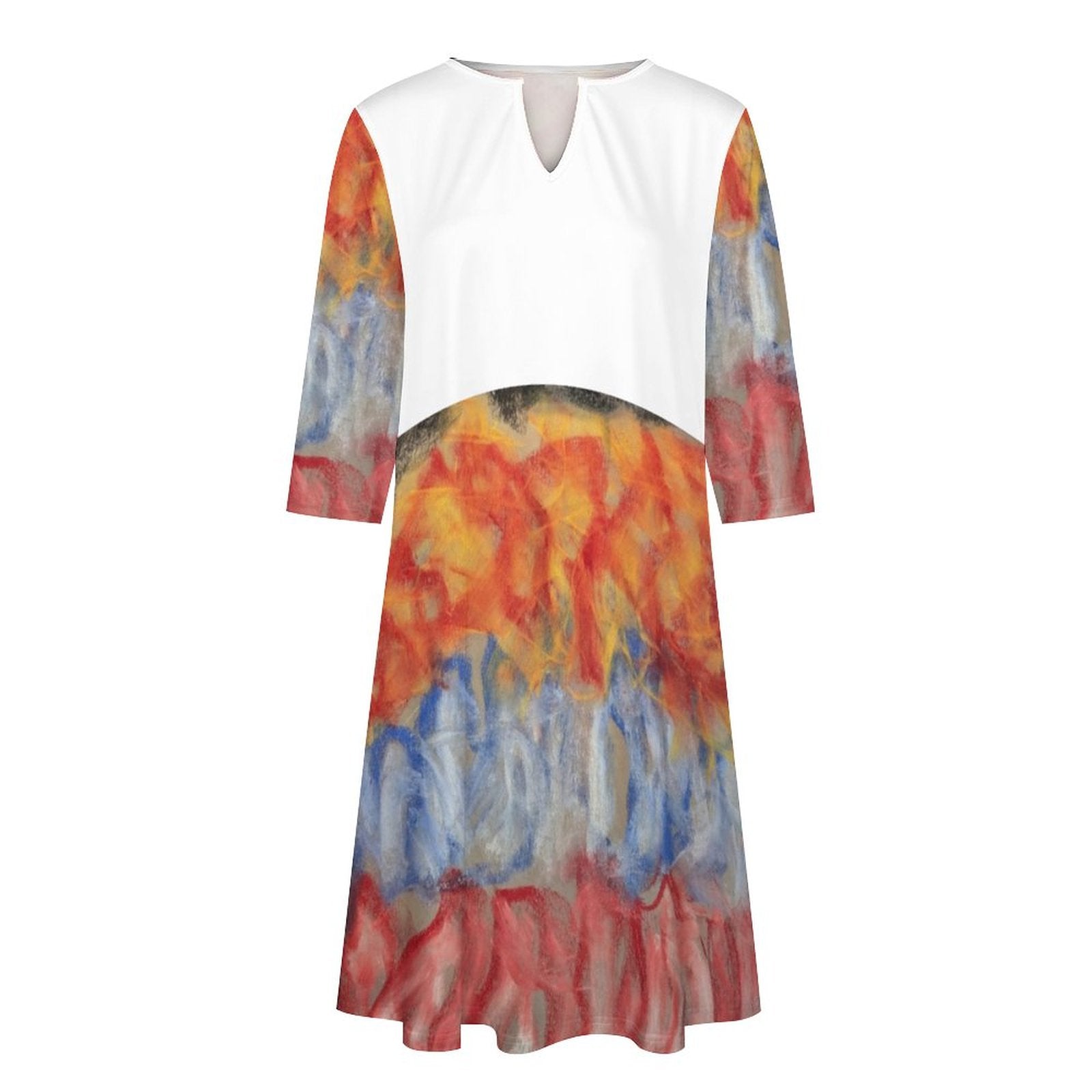 V-neck 3/4 Sleeve Dress with Pockets (All-Over Printing)