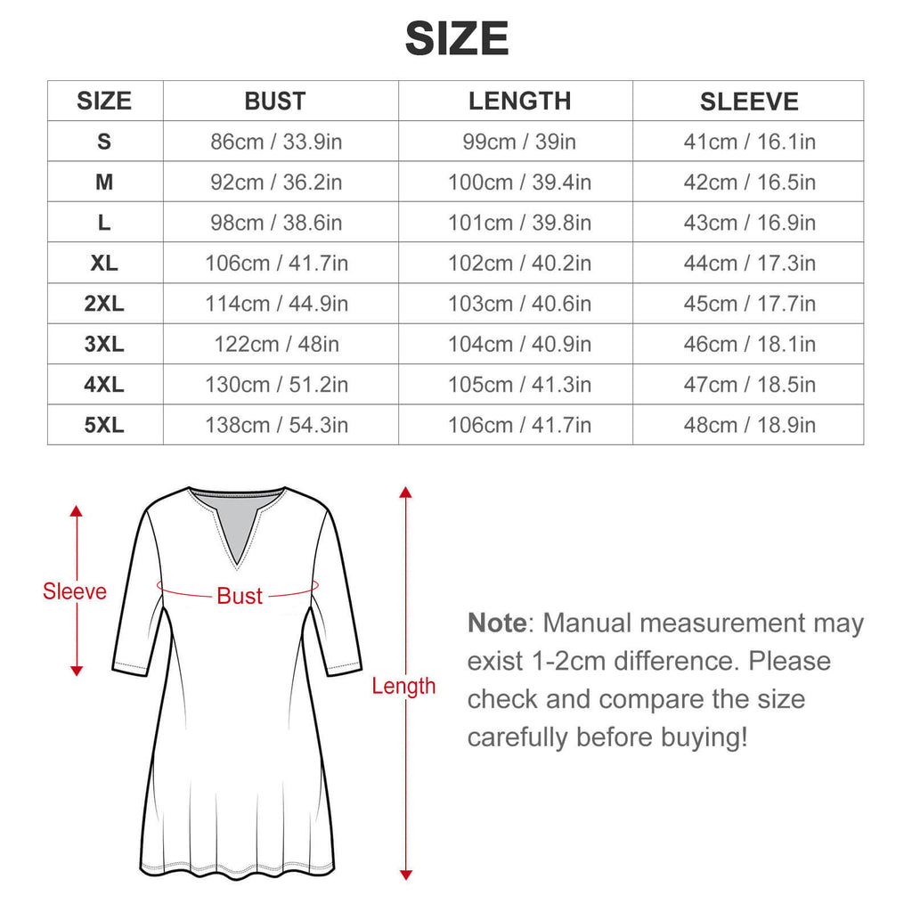 V-neck 3/4 Sleeve Dress with Pockets (All-Over Printing)