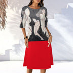 Round Neck 3/4 Sleeve Long Dress(All-Over Printing)