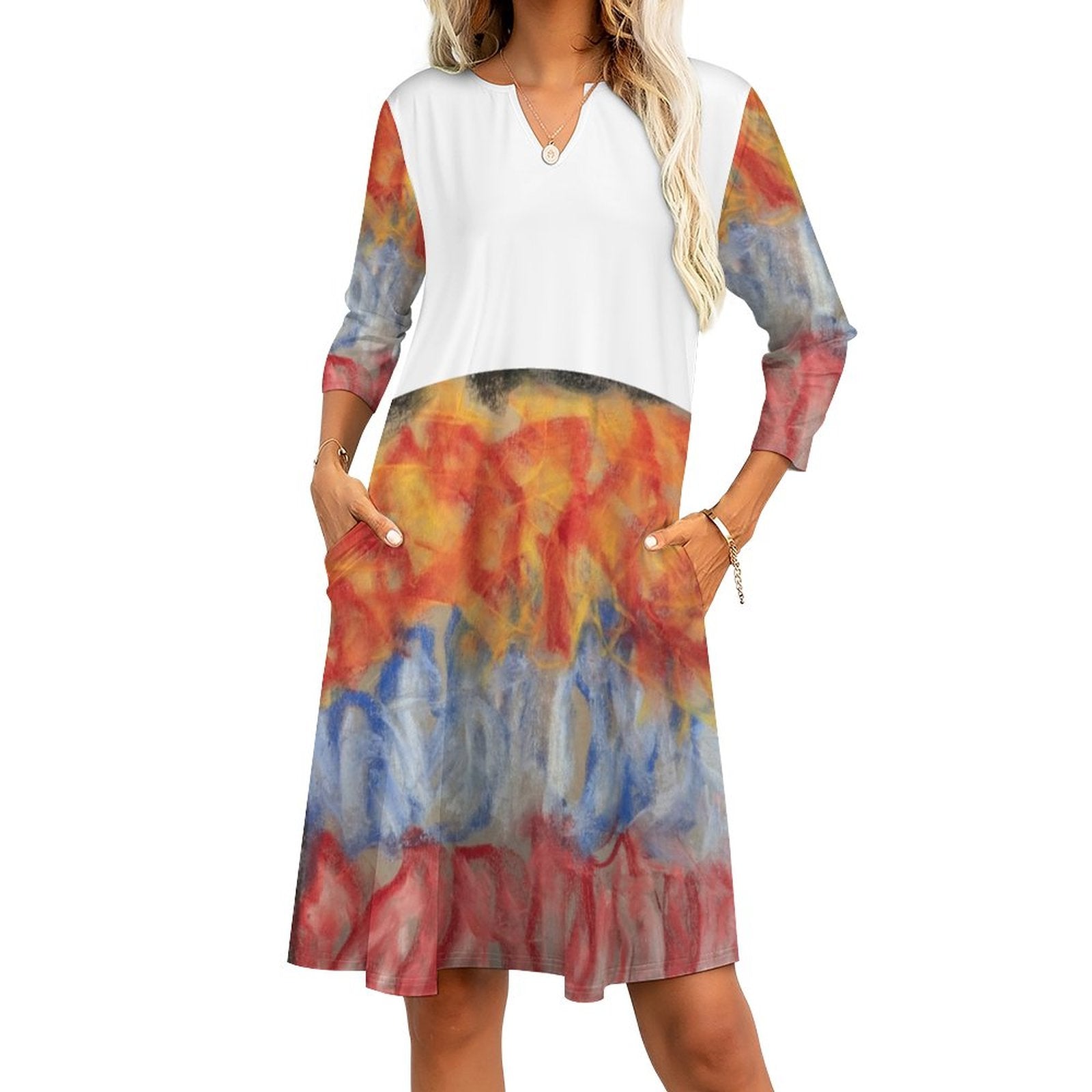 V-neck 3/4 Sleeve Dress with Pockets (All-Over Printing)