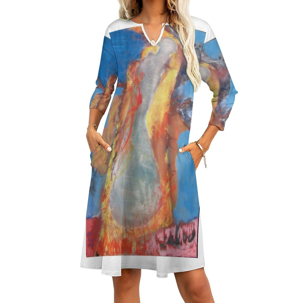V-neck 3/4 Sleeve Dress with Pockets (All-Over Printing)