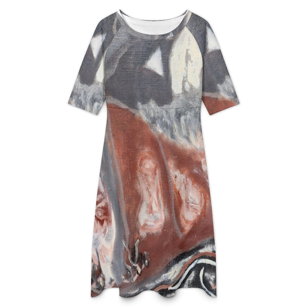Round Neck 3/4 Sleeve Long Dress(All-Over Printing)