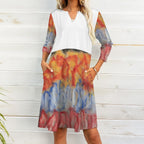 V-neck 3/4 Sleeve Dress with Pockets (All-Over Printing)