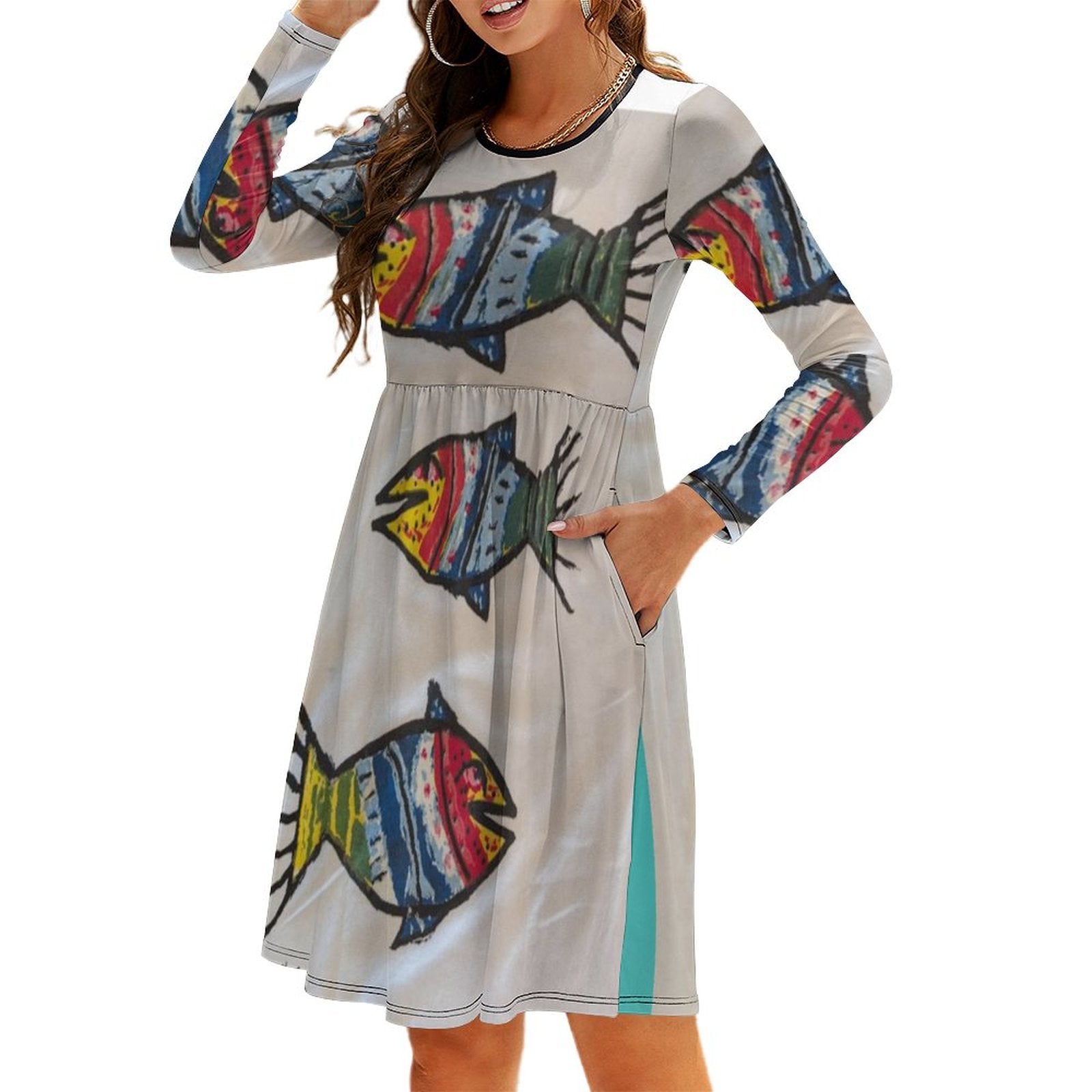 Round Neck Long Sleeve Dress with Pocket(All-Over Printing)