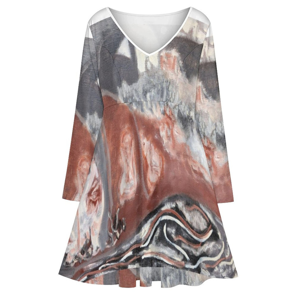 Plus Size V-neck Long Sleeve Dress(All-Over Printing)