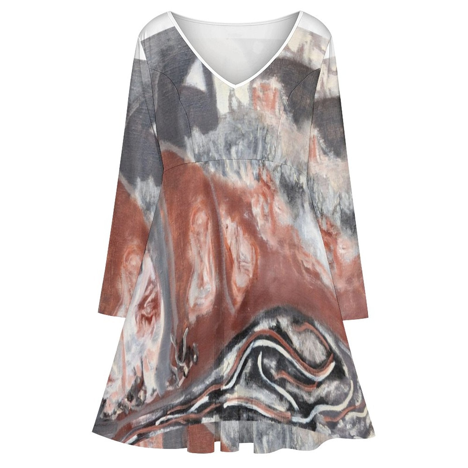 Plus Size V-neck Long Sleeve Dress(All-Over Printing)
