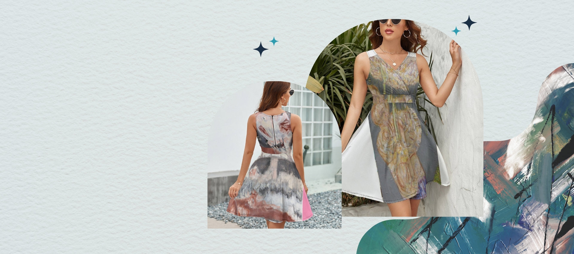 Woman wearing a floral dress with a white coat, surrounded by various images of the dress.