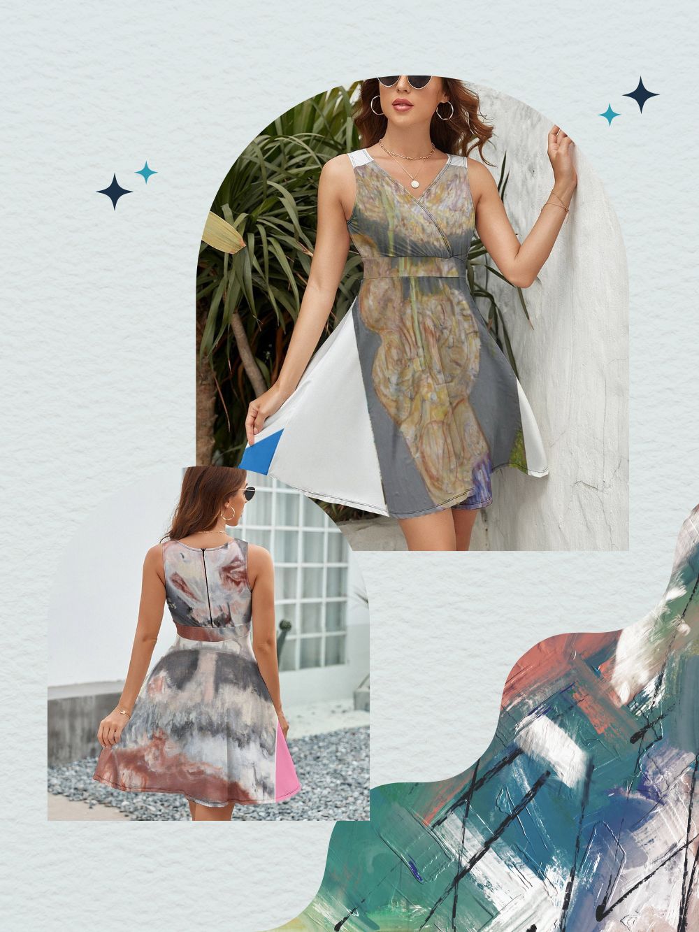 Woman wearing a patterned dress with outdoor and indoor settings shown.