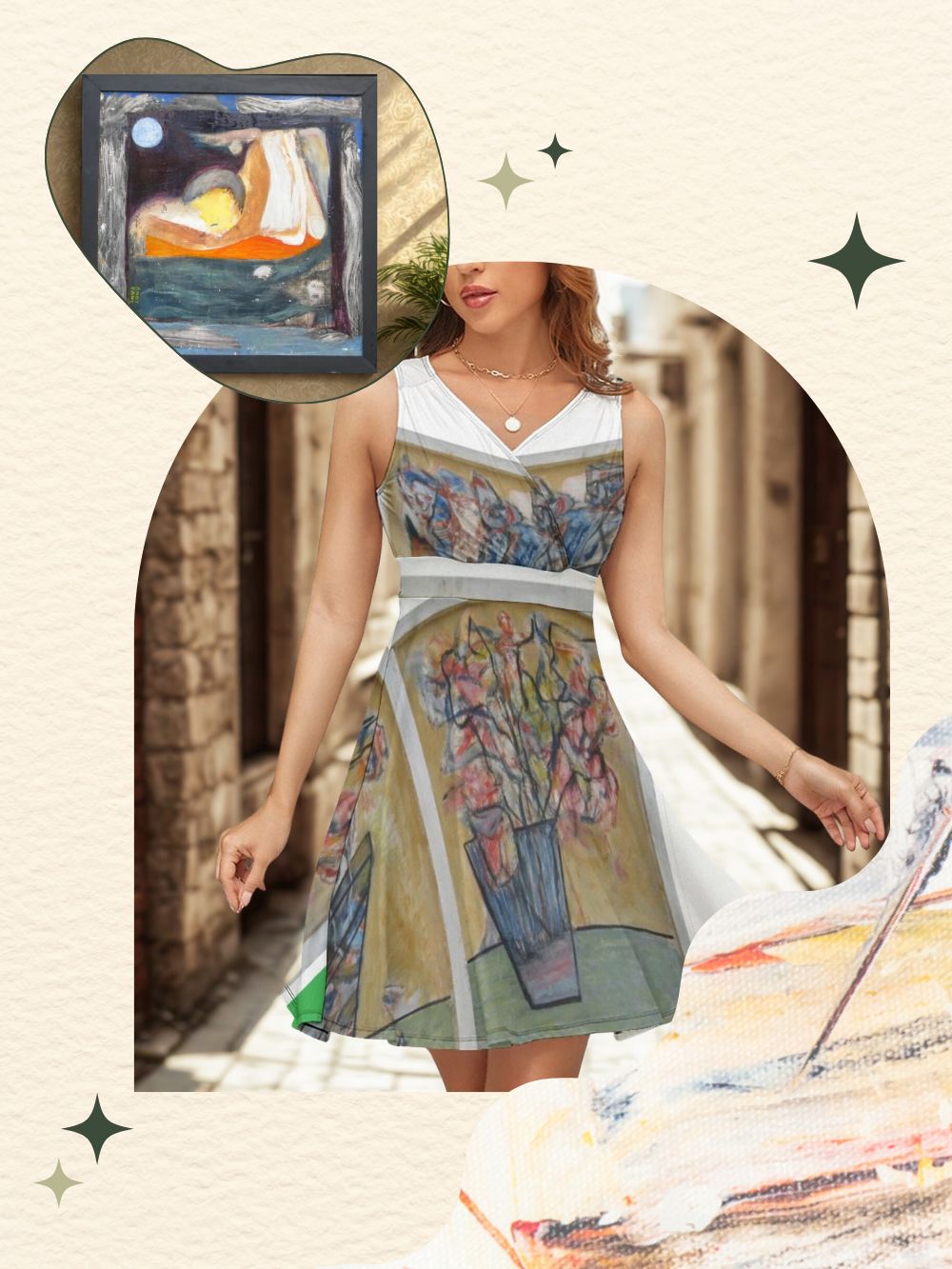 Woman wearing a dress with artistic design elements, including a small inset of 'The Scream' by Edvard Munch.